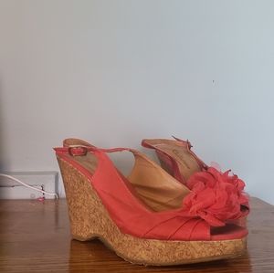 Coral pink cork wedge heels